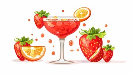 Fresh alcoholic shot on white background with berries decoration. Strawberry margarita, cold alcohol cocktail. Drink with fruit decoration. Isolated modern illustration.