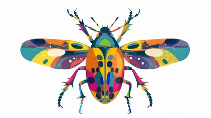 Brightly colored beetle with multicolored wings and antennae. Summer animal, wild spotty insect. Flat modern illustration isolated on white.