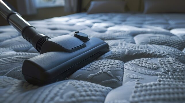 Close up cleaning bed mattress with vacuum cleaner , Disinfecting in the bedroom