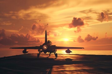 A fighter plane poised for takeoff with the setting sun behind it