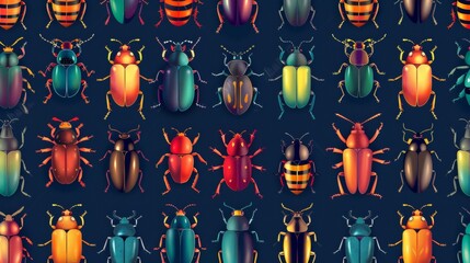An endless background, repeating pattern of beetles. Many insects, repeating pattern. Flat modern illustration for textiles, fabrics, wrapping, wallpapers. - obrazy, fototapety, plakaty