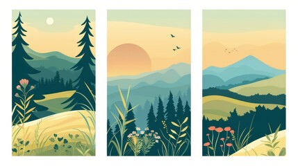 Fototapeta na wymiar Summer landscapes and postcard backgrounds. Countryside environment posters, forest, trees, grass, plants, hills, mountains, sky. Creative flat modern illustrations.