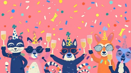 Obraz na płótnie Canvas A birthday postcard design featuring wild animals enjoying a party in a funky fashion. Each character is wearing a stylish outfit and holds a small bottle of champagne, wine glasses, and confetti.
