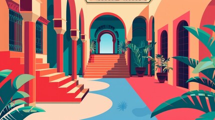 A poster of Marrakech, Morocco. Inspired by Moroccan Berber architecture and textures. Abstract ancient Marrakesh and Medina towers, stairs, arches, interior wall art. Colored flat modern