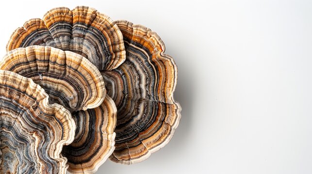Top view of natural Turkey tail mushroom against a white backdrop and blank space for text or product, Generative AI.