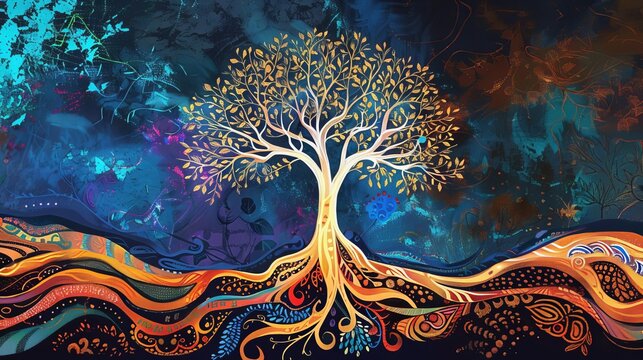 Tree of life illustration, representing individuality, prosperity, and growth through sacred symbolism and artistic style