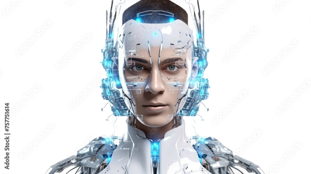 Poster futuristic robot avatar close-up portrait isolated on transparent a white background