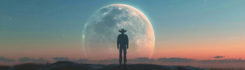 A wrangler silhouetted against the otherworldly backdrop of a spherical Earth and moon.