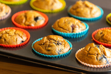  A close-up shot of homemade vegan banana blueberry muffins arranged in a baking tray