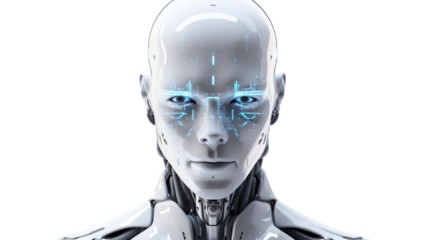  Futuristic robot avatar close-up portrait isolated on transparent a white background
