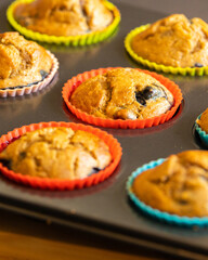  A close-up shot of homemade vegan banana blueberry muffins arranged in a baking tray