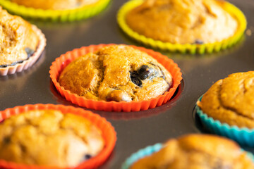  A close-up shot of homemade vegan banana blueberry muffins arranged in a baking tray