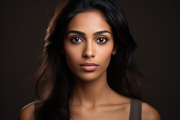 Beautiful South Asian woman, long face, big eyes, prominent nose, brown skin, dark skin, - obrazy, fototapety, plakaty