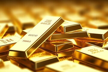 Ai generated ofGold bars Gold ingot, bullion gold, bank vault, stacked image. close up many pure gold bar ingot put on the black color with bokeh surface. many pile of gold bars in golden background.