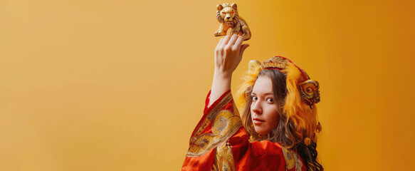 Portrait of a young beautiful woman astrologer or fortune teller holding a miniature symbol of lion, horoscope zodiac sign concept, horoscope prediction, copy space.
