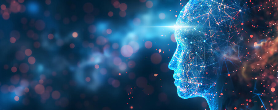 A digital representation of a human profile with a neural network, symbolizing advanced brain activity, AI technology, and cognitive processes