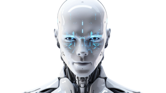  Futuristic robot avatar close-up portrait isolated on transparent a white background