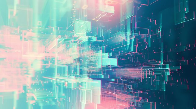 Abstract digital background with glitch effect and distortion in blue, mint, and pink hues, capturing a futuristic cyberpunk aesthetic reminiscent of the 80s and 90s