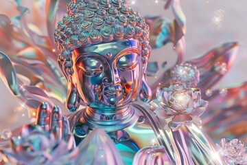 holographic sparkling buddha statue with flying lotus flowers, serene and irridescent