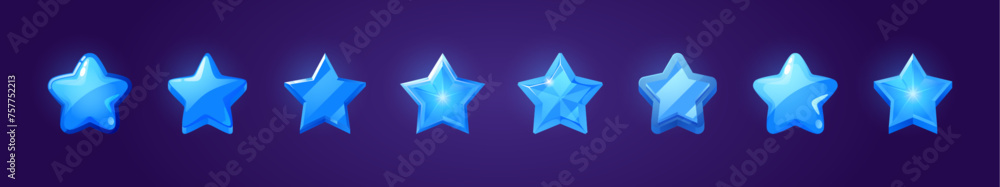 Poster blue star shape ui game icon vector button set. glossy badge medal for score or reward gui interface