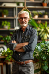 Stylish elder gentleman with glasses standing in an indoor garden cafe