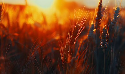 Wheat ears in field with sunset glow in background centered professional, Generative AI