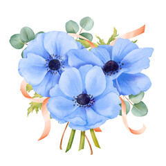 A bouquet of watercolor blue anemones adorned with eucalyptus leaves and satin ribbons. Ideal for wedding stationery, event invitations, botanical artwork, artistic projects and decorative crafts