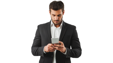businessman holding mobile phone isolated on transparent background, businessman using smartphone cutout 