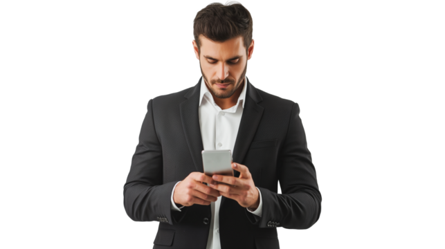 businessman holding mobile phone isolated on transparent background, businessman using smartphone cutout 