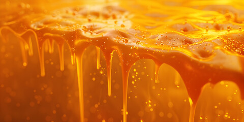 Delicious melted caramel texture. Flow, wave and drops splash caramels sauce. Sweet food design background.  
