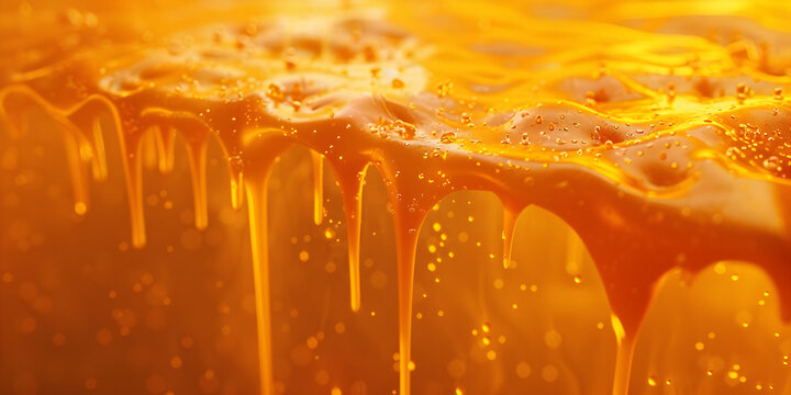 Delicious melted caramel texture. Flow, wave and drops splash caramels sauce. Sweet food design background.  
