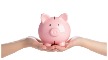 Hand holding pink piggy bank isolated on transparent a white background