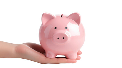 Hand holding pink piggy bank isolated on transparent a white background