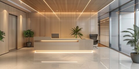 Modern office reception area with minimalistic design.