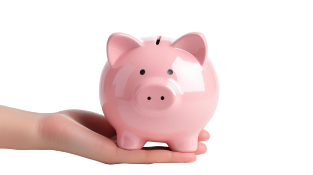 Hand holding pink piggy bank isolated on transparent a white background