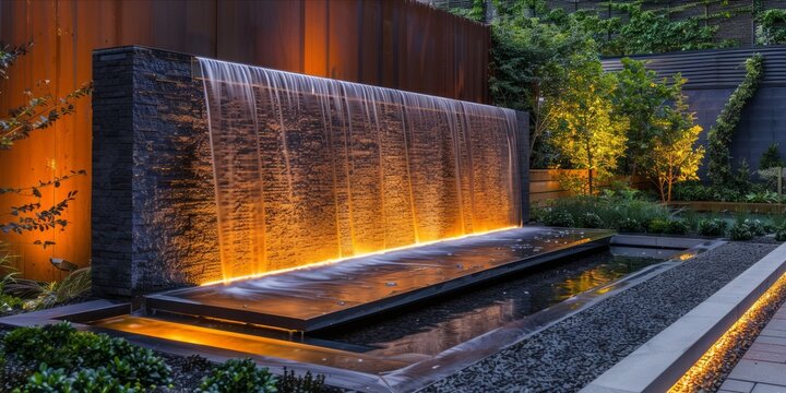 Modern outdoor water feature with illuminated plants at twilight.