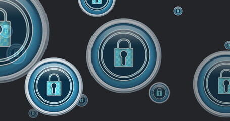Image of blue padlock online security icons flying up on grey background