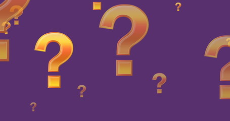 Image of yellow question marks flying up over purple background