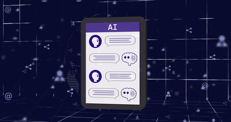 Image of ai chat and data processing over tablet screen and grid