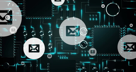 Image of online white envelope icons moving over computer processor in background