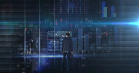 Image of financial data processing over businessman with briefcase