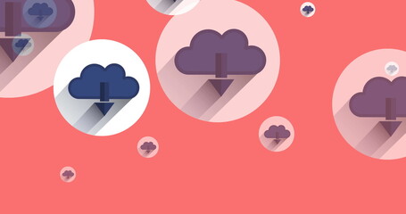 Image of online clouds and arrow icons moving on pink background