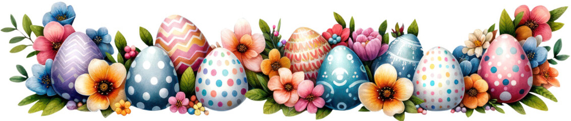 Festive Easter Eggs and Spring Blooms, An enchanting display of intricately decorated Easter eggs nestled among a vibrant arrangement of spring flowers, symbolizing renewal and celebration