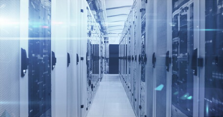 Image of digital clouds with arrows and data processing over computer servers