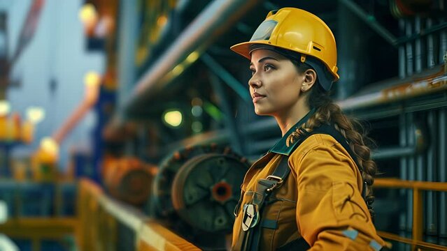 Latino young woman wearing a hardhat and PPE working on an oil rig in the Gulf of Mexico