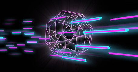 Image of 3d pink shapes and neon lights on black background