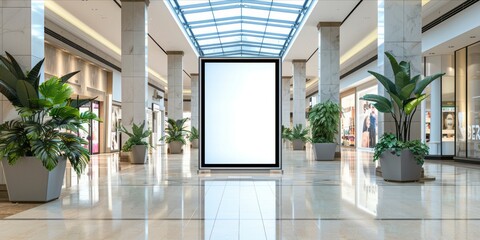 Blank billboard inside a luxurious shopping mall with plant decor. - obrazy, fototapety, plakaty