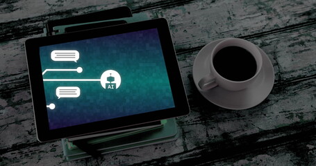 Image of ai chat and data processing over tablet screen on desk