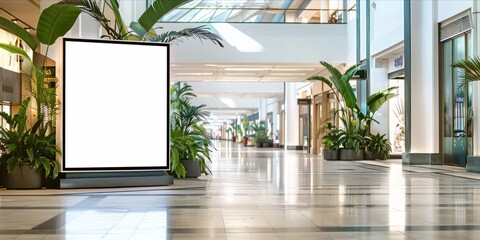 Blank billboard inside a luxurious shopping mall with plant decor.