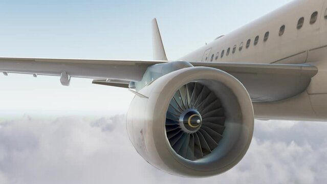 Flying aeroplane shots from different angles, plane closeup video shot 3d rendering, aircraft views from outside.